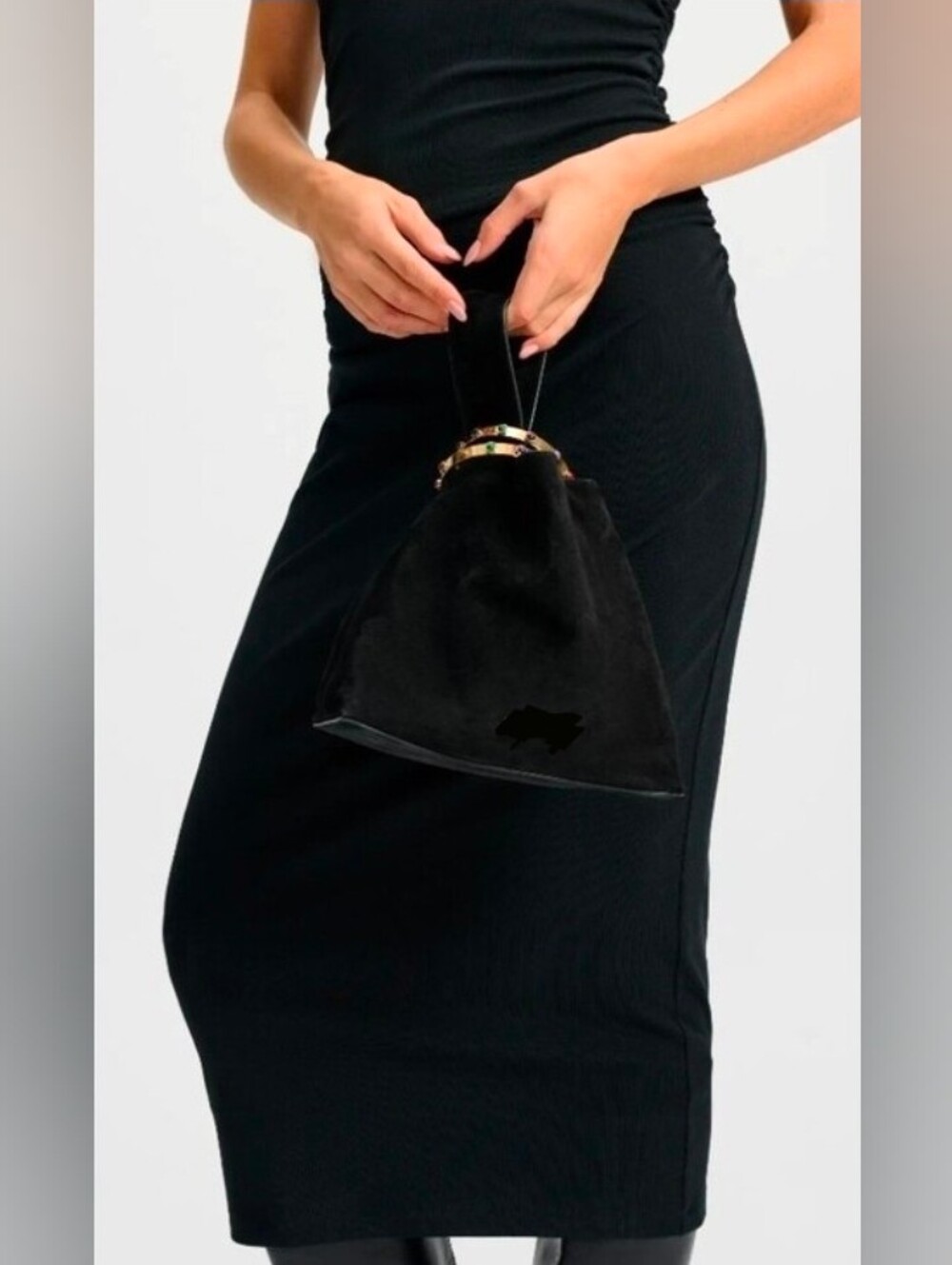 Black Suede Knot Wristlet Bag with Gold Accent - Picture 5 of 10
